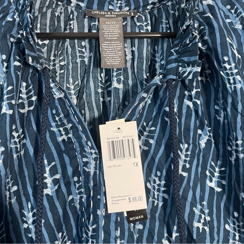 Chelsea & Theodore Blue and White Boho Dress size 1X New with tags - Picture 5 of 13
